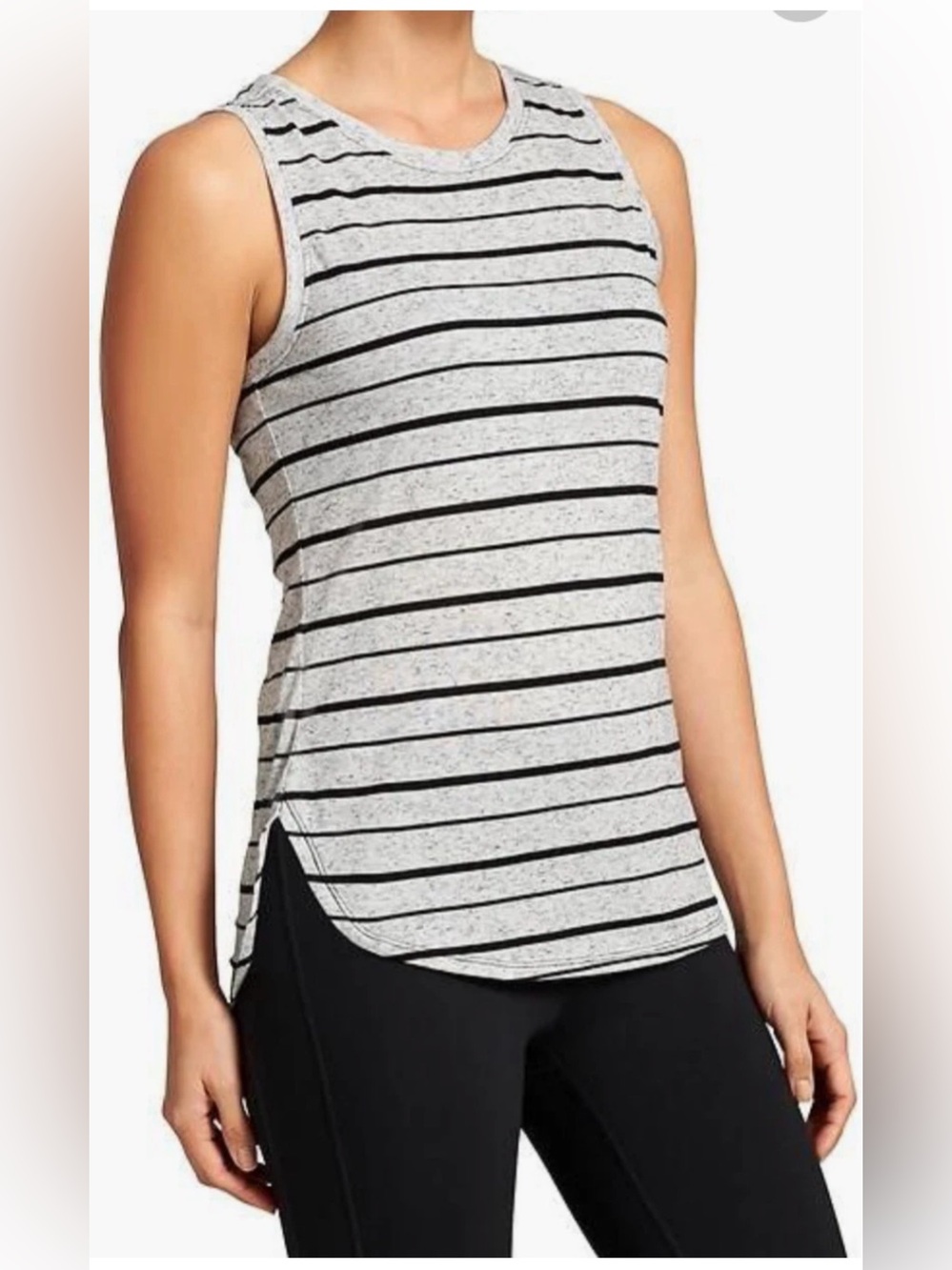 ATHLETA HEATHER GRAY BLACK SLEEVELESS STRIPED ASANA MUSCLE SOFT TOP TANK SZ. XL